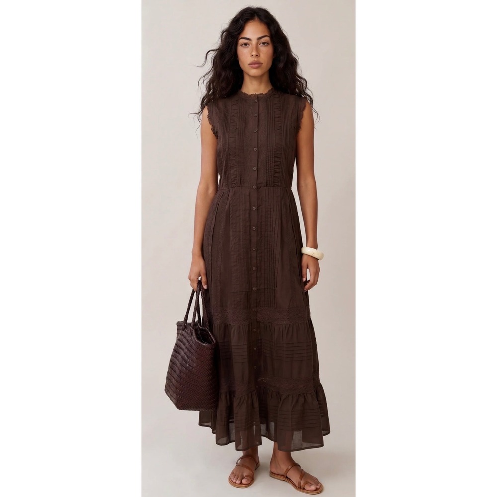 Sorella Atelier Brown Lace Pintuck Sleeveless Maxi Dress O26WDRS00160 Small NWT